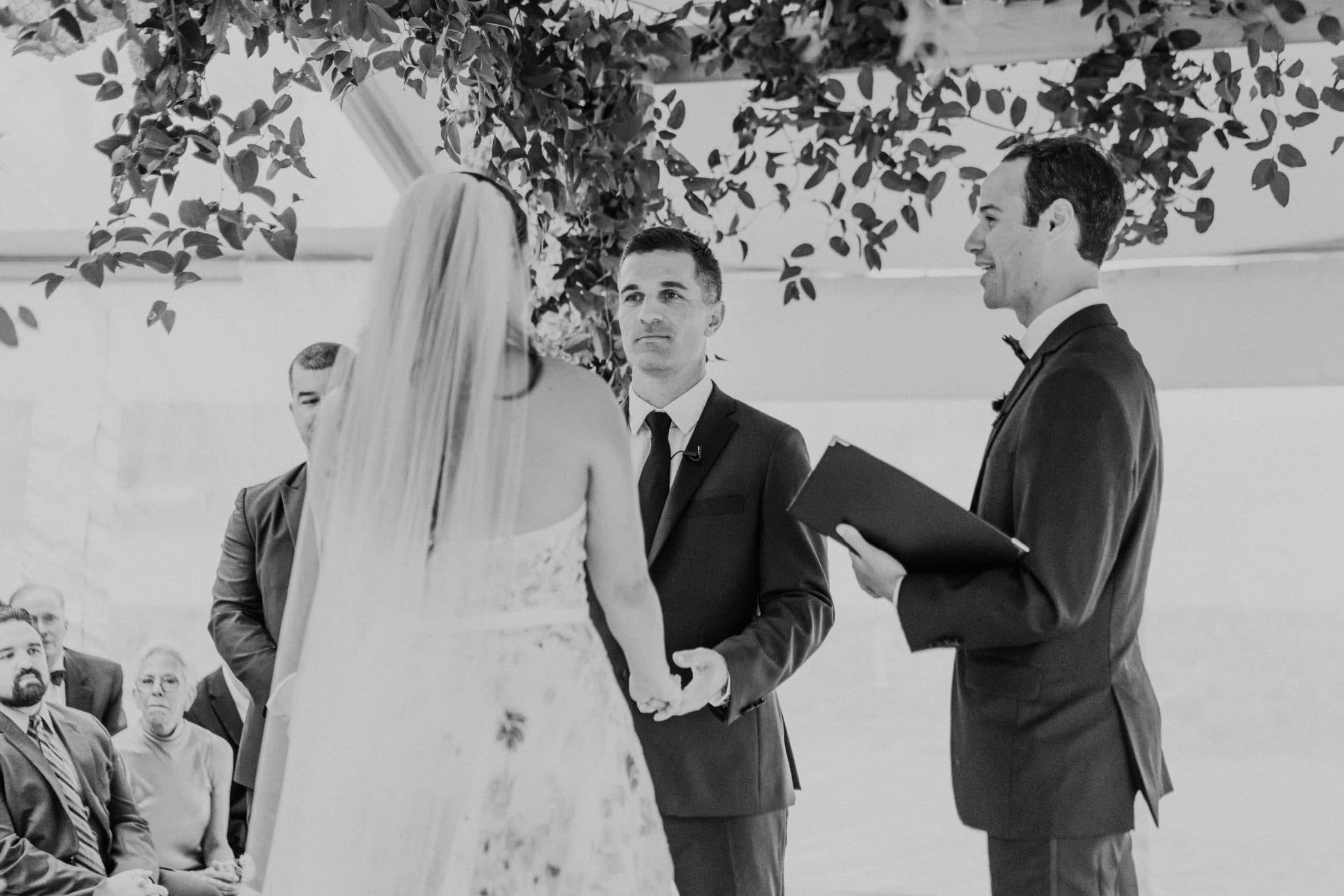A bride in a veil and gown stands facing a groom in a suit, with an officiant holding a book beside them under a canopy of leaves.