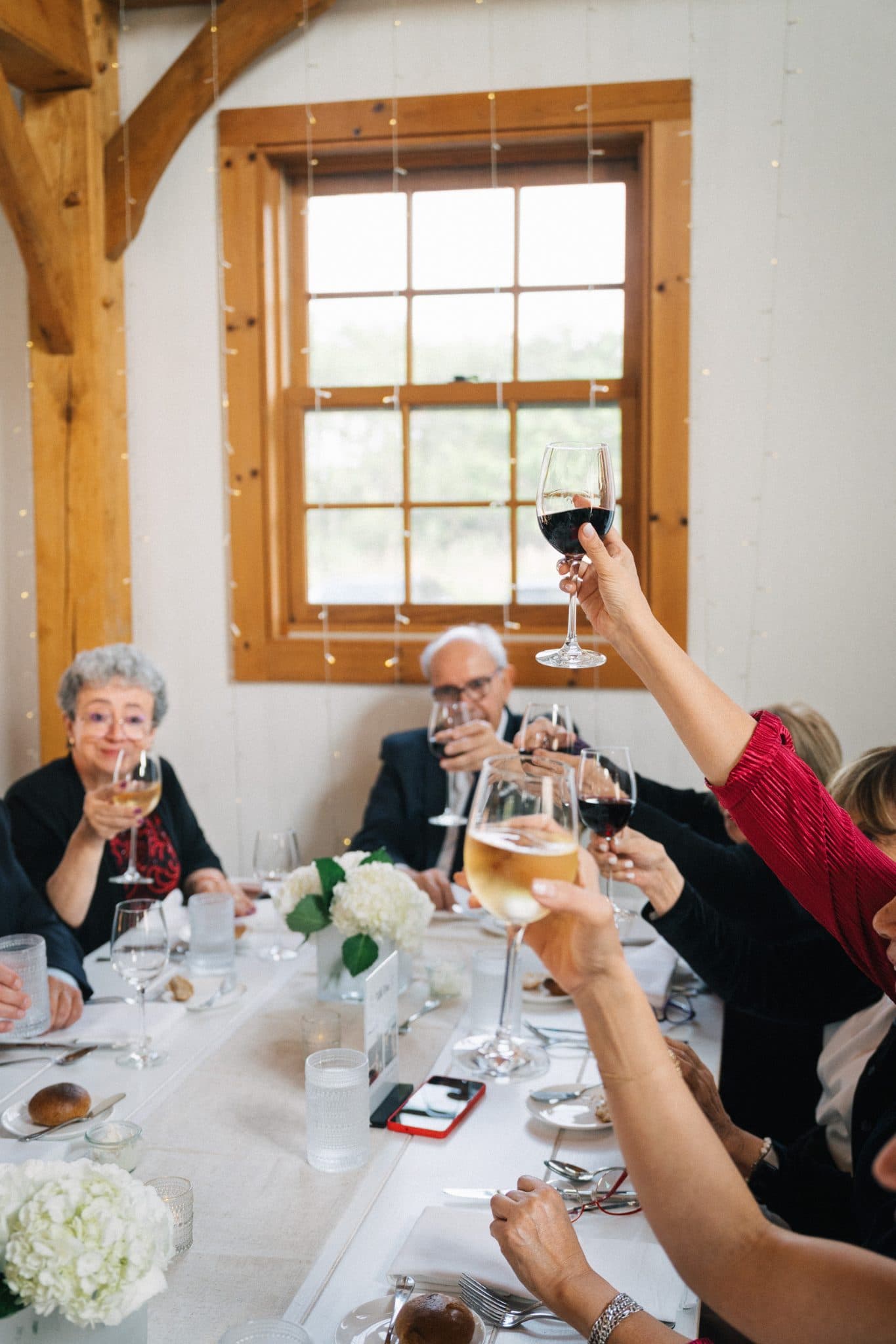 A group of people at a table raise their glasses in a toast, with a window and wooden beams in the background.