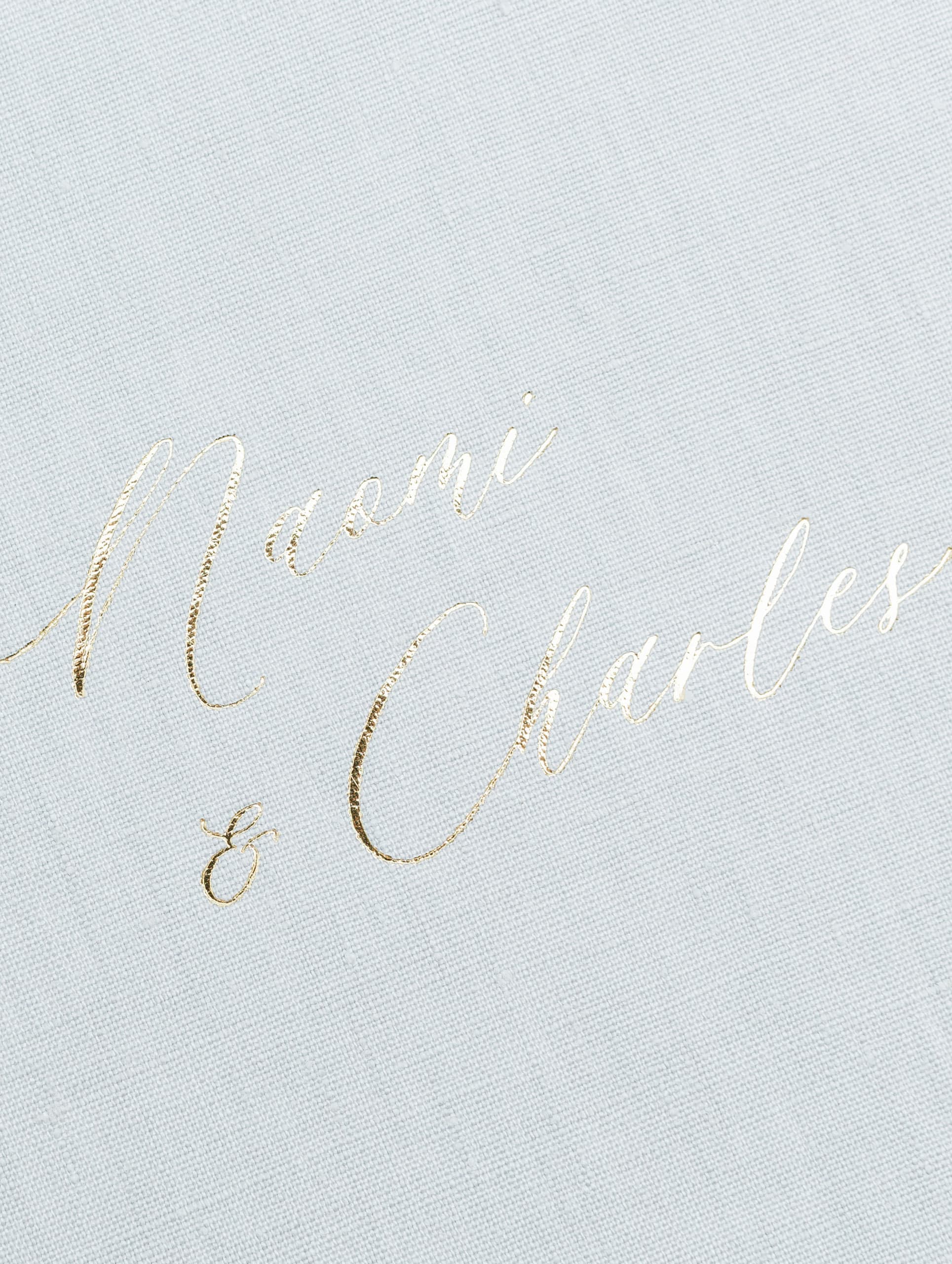 Names in gold foil script flowing across a pale blue linen cover