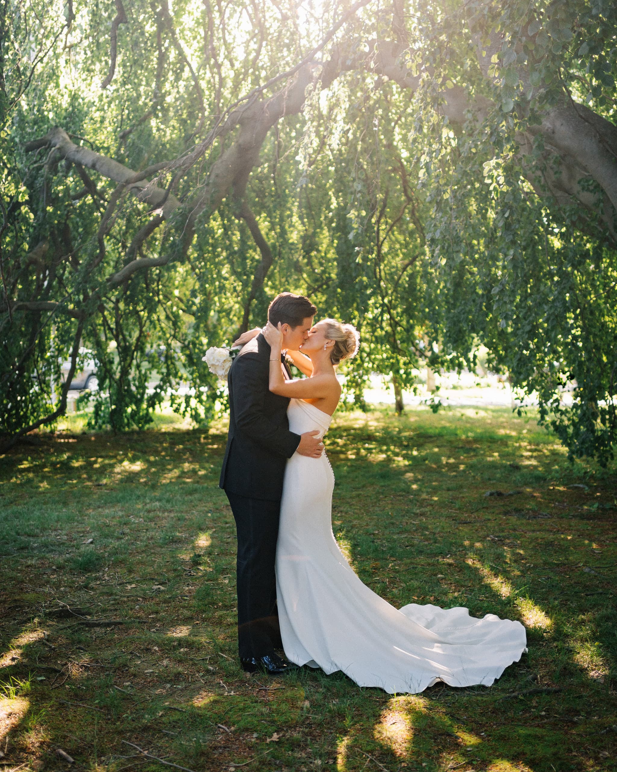 Couple kissing beneath a willow tree in golden evening light, the bride's train spread across the grass