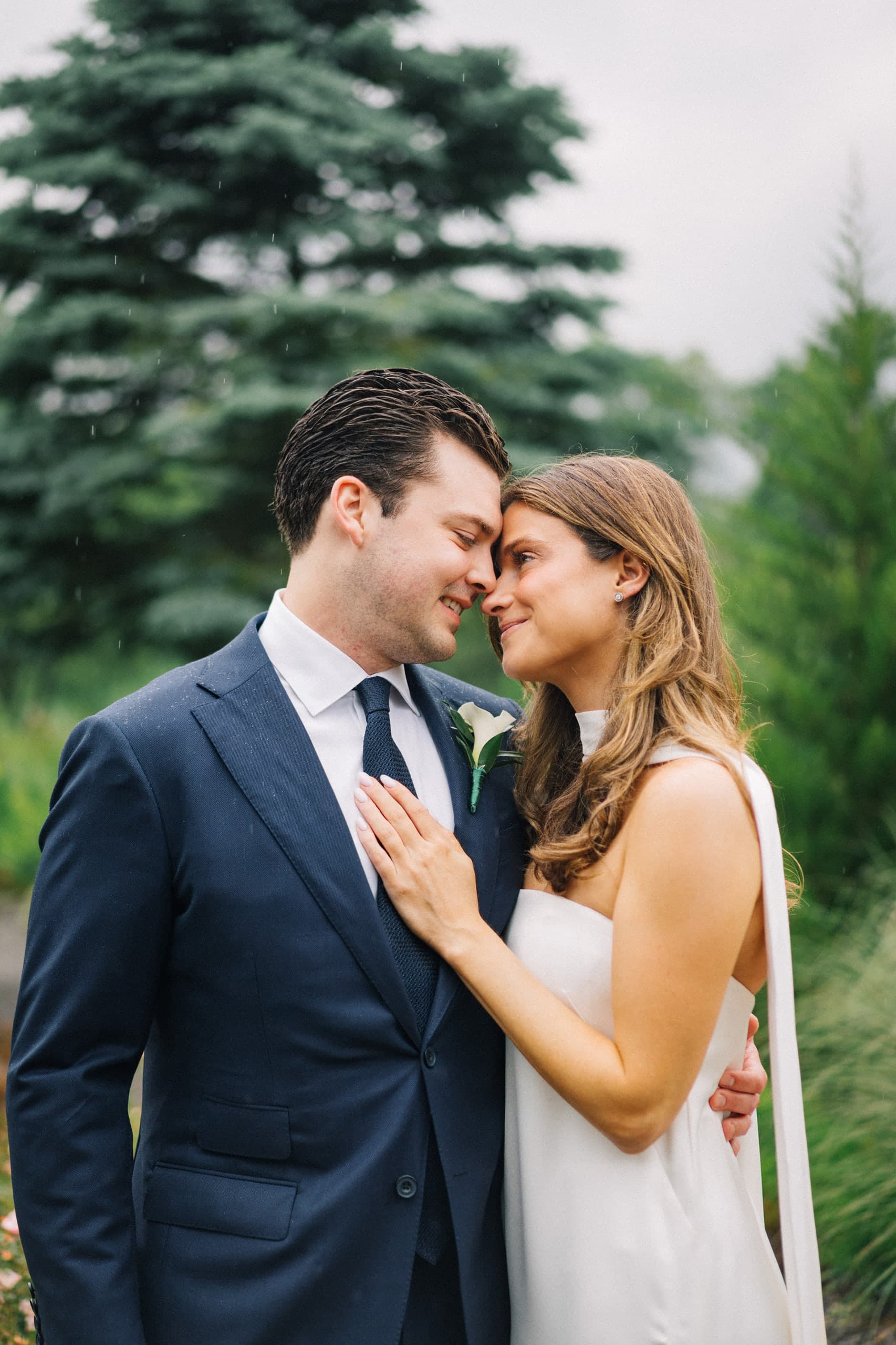 Forehead to forehead among the evergreens, a soft gray sky
